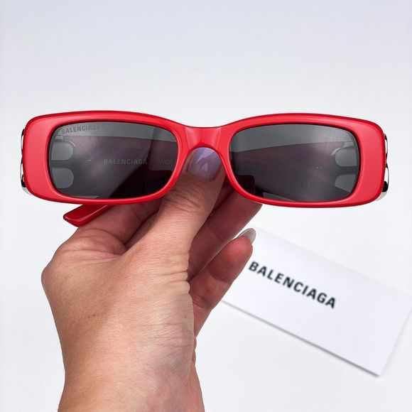 Balenciaga BB0096S 015 Sunglasses Red Silver Logo Rectangle Unisex - Picture 3 of 15